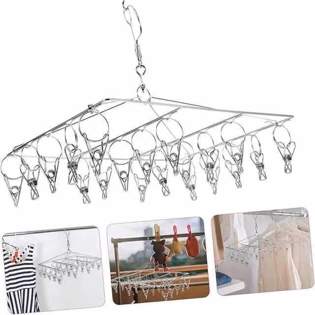 VOGREX Foldable Metal Drying Hanger with 20 Pegs for Socks and Underwear in Silver