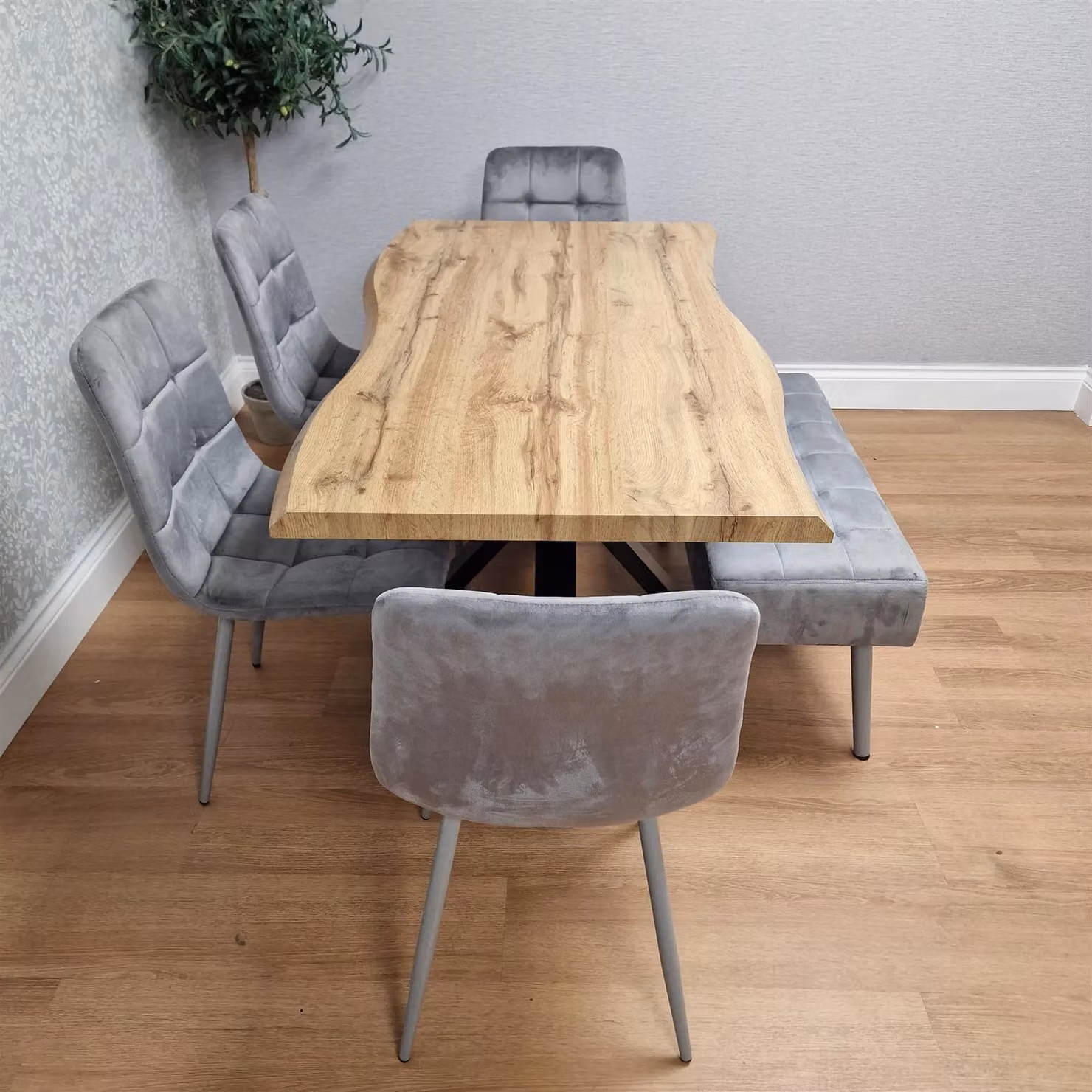 KOSY KOALA Brown Wooden Dining Set with 2 Grey Velvet Chairs and Padded Bench – 3