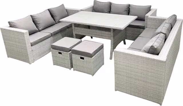 Fimous 11 Seater Rattan Garden Furniture Set with Rectangular Dining Table and 2 Footstools in Light Grey