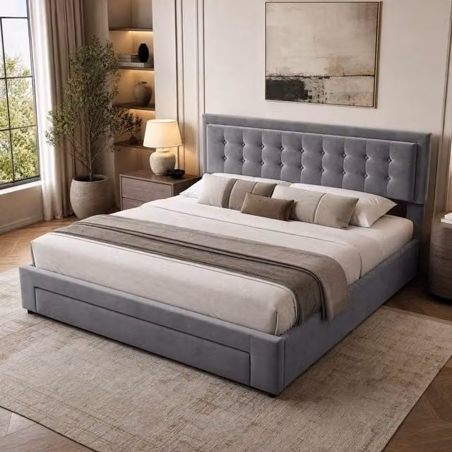 STILVORA Modern Upholstered King Size Bed with Storage in Grey Velvet, W/D/H: 150 x 200 cm