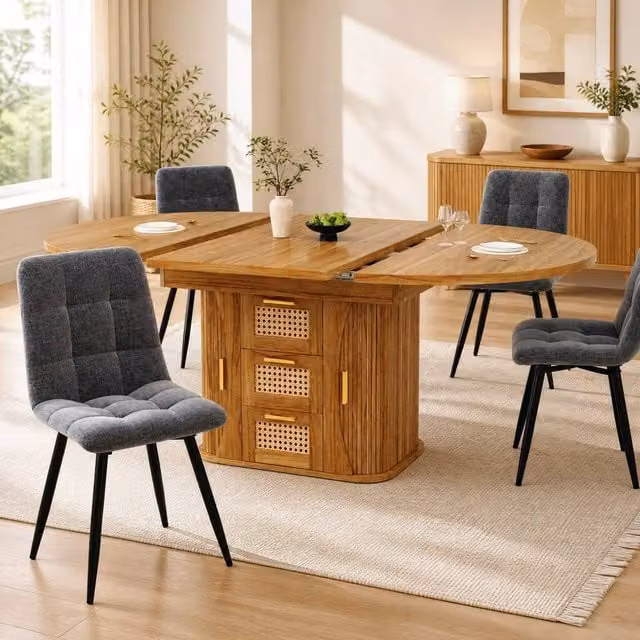 STILVORA Extendable Modern Dining Table with Butterfly Leaf and Storage in Brown