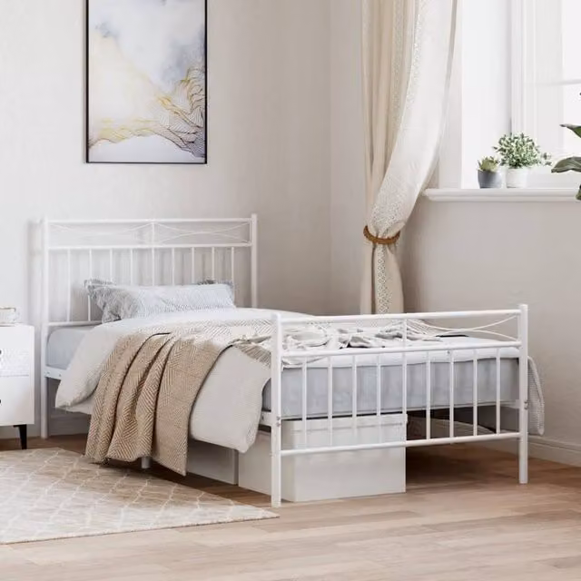 Berkfield Home Metal Bed Frame with Headboard and Footboard in White, W/D/H: 100 x 190 cm