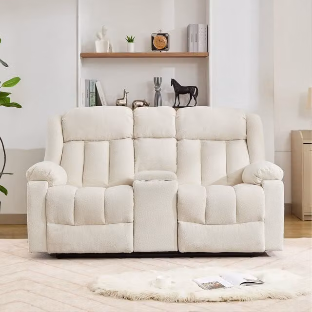 Artemis Home Lovell 2 Seat Manual Recliner Sofa with Home Cinema Console in White Bouclé Fabric