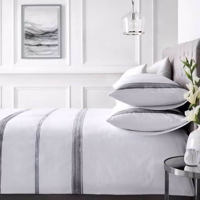 Appletree Embroidered Band 100% Cotton Duvet Cover Set in Black and Silver, W: 200 cm x D: 200 cm