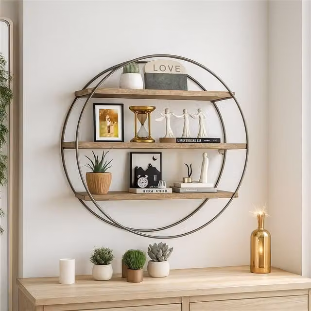 Rafaelo Mobilia Industrial 3 Tier Round Floating Wall Mounted Wooden Shelf in Brown and Black – 1
