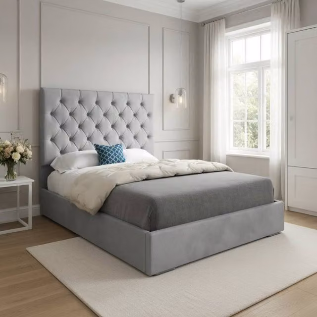 KDMD Finsbury Grey Velvet Upholstered Chesterfield Bed Frame, W/D/H: 180 x 159 x 137 cm – 1