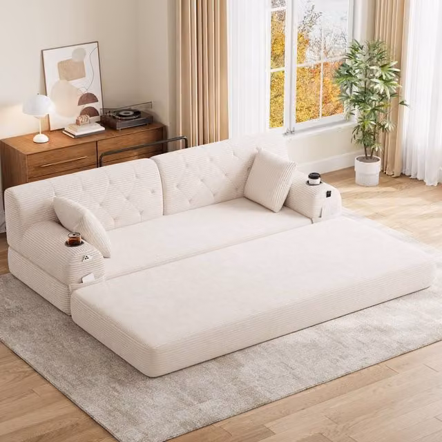 BTM 3 Seater Corduroy Sleeper Sofa with Cup Holders and Side Pockets, Beige, W/D/H: 208 x 81 x 80 cm – 1