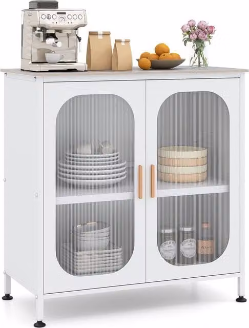 Costway Modern White Sideboard Buffet Cabinet with Adjustable Shelf and Stone Top – 1