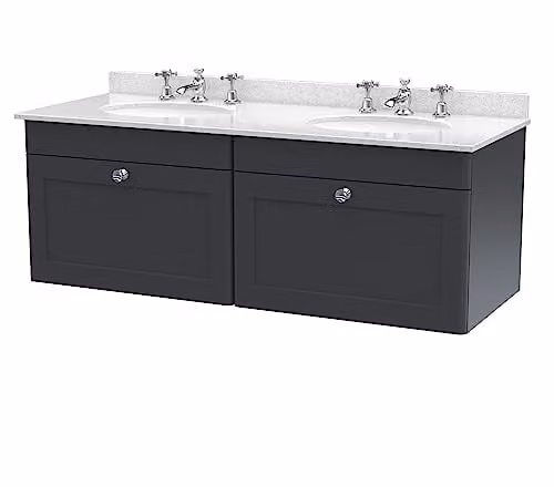 nuie Classique Traditional Wall Hung Bathroom Vanity Unit with 2 Drawers, 3 Tap Hole Double Marble Top and Round Basin, Soft Black and White