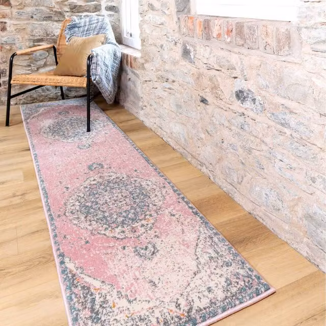 The Rug House Traditional Medallion Carved Oriental Rug in Pink and Blue, W: 240 cm, D: 60 cm
