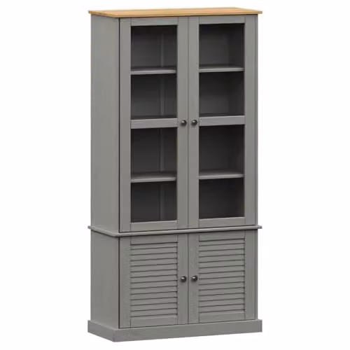 vidaXL VIGO Glass Display Cabinet in Grey Solid Pine Wood, W/D/H: 85 x 35 x 170 cm