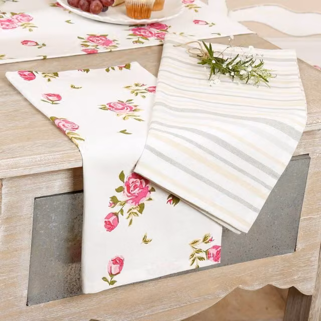 Dibor Set of 2 Pink Floral and Striped Cotton Linen Table Cloth Napkins in White – 1