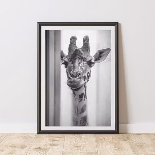 60 Second Makeover Giraffe In The Shower Animal Print Paper Poster, A3, Black, White and Grey