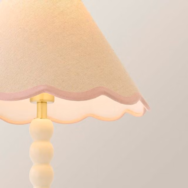 ValueLights Bobbin Cream Table Lamp with Baby Pink Trim Linen Shade and LED Bulb – 1