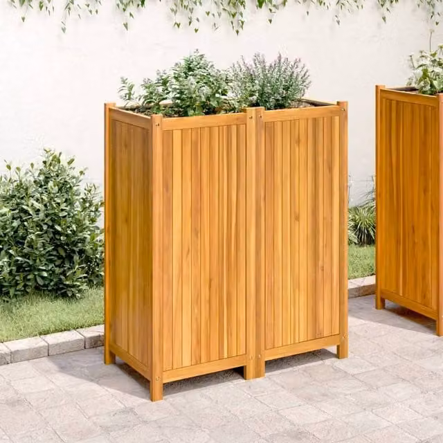 Berkfield Home Beautiful Garden Planter with Liner in Brown Acacia Wood, W/D/H: 84 x 42 x 100 cm – 1
