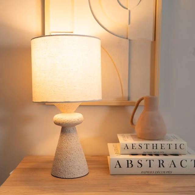 ValueLights Cady Pair of Stone Effect Table Lamps with Fabric Drum Shades in Beige and Grey