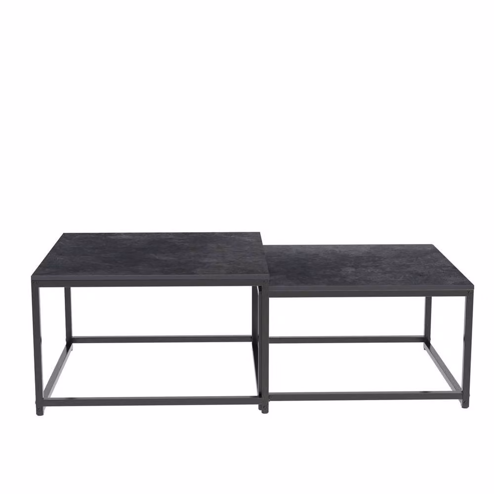 FORGEVIO Set of 2 Black Square Nesting Coffee Tables with Marble Effect Tops – 2