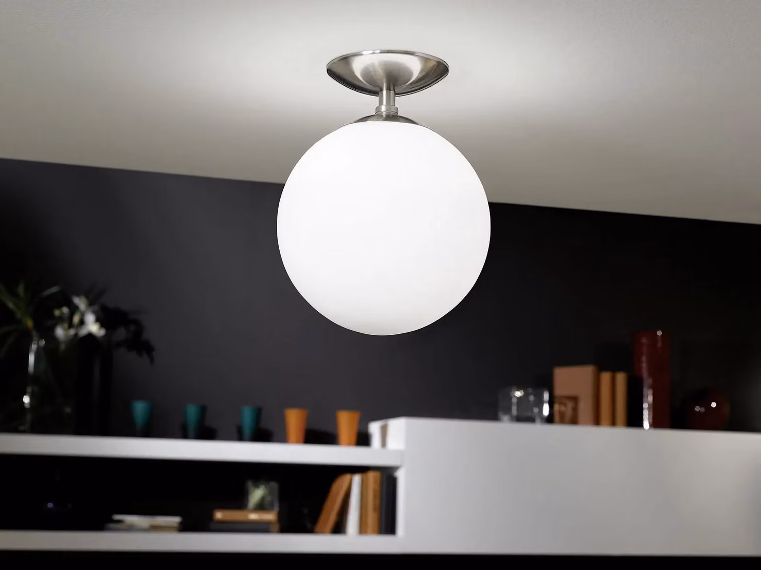 Loops Flush Ceiling Light in Satin Nickel and White Opal Glass – 2