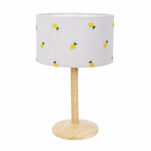 ValueLights Single Stem Natural Wood Table Lamp with Yellow and White Lemon Embroidered Drum Shade and LED Bulb