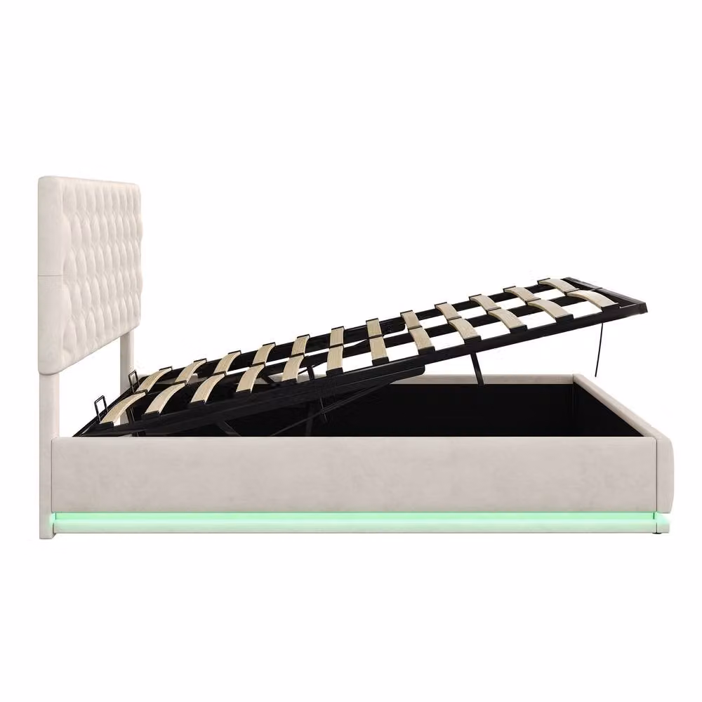BTM Double Ottoman Bed with LED Lighting and Hydraulic Storage in Beige Velvet Fabric, W/D/H: 140 x 200 x 142 cm – 5