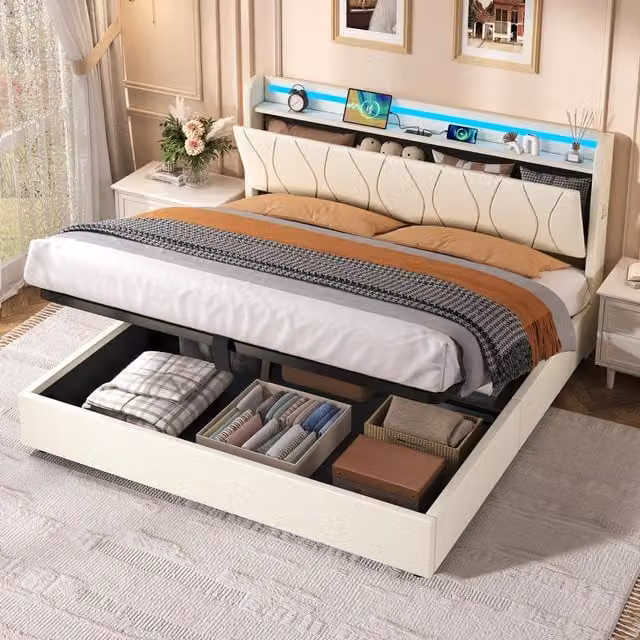 Aosom UK 5ft King Upholstered Bed Frame with Hydraulic Storage, RGB LED Lighting and USB Charging Station, Beige, W: 155 cm, D: 220 cm, H: 105 cm – 1