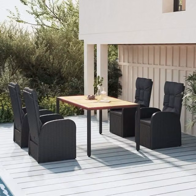 Berkfield Home 5 Piece Black Poly Rattan and Solid Acacia Wood Garden Dining Set – 1