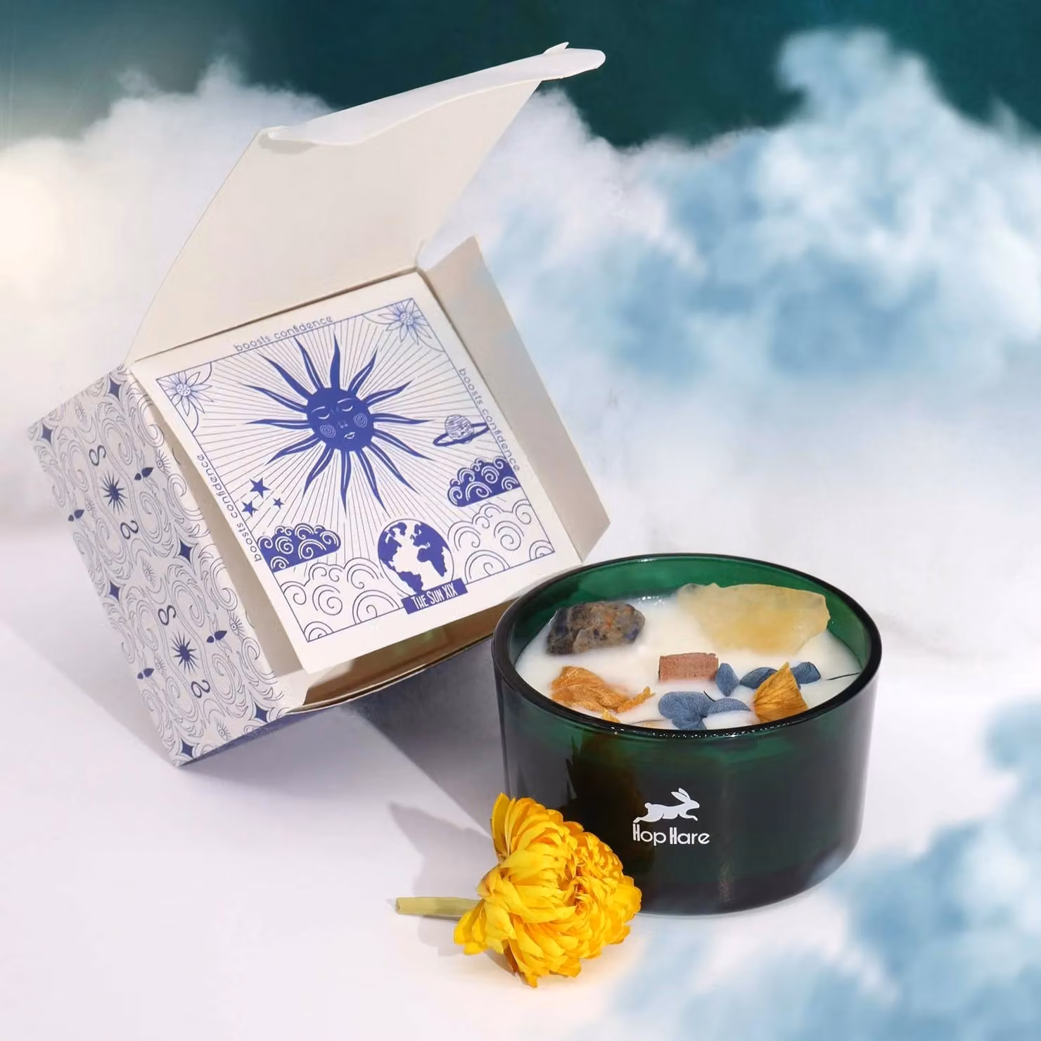 Ancient Wisdom Hop Hare Magic Candle with Flowers and Gems The Sun in Blue and Yellow-orange W/D/H: 9 x 9 x 5 cm – 6