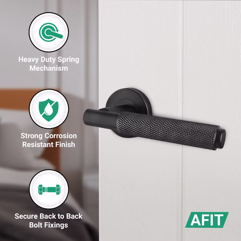 AFIT Matt Black Knurled Internal Door Handle Set with Latches and Hinges, Pack of 4 – 3