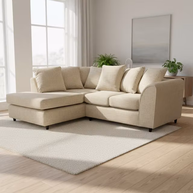 Abakus Direct Jumbo L-Shape Corner Sofa in Beige Soft Chenille Fabric with Left-Facing Chaise and Scatter Cushions