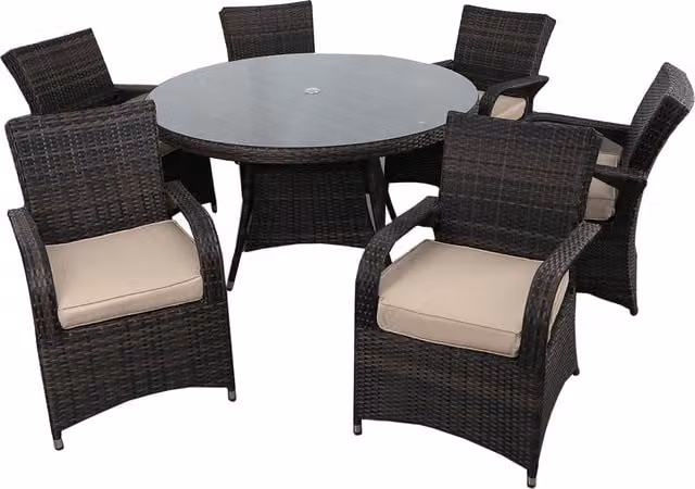 Furniture One 6 Person Brown Rattan and Metal Garden Dining Set with Cushions and Round Table