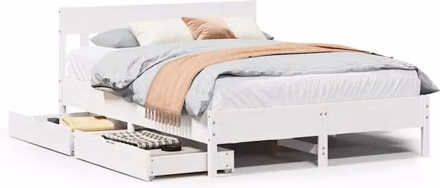 Berkfield Home White Solid Pine Bed Frame with Drawers W: 140 cm, L: 200 cm