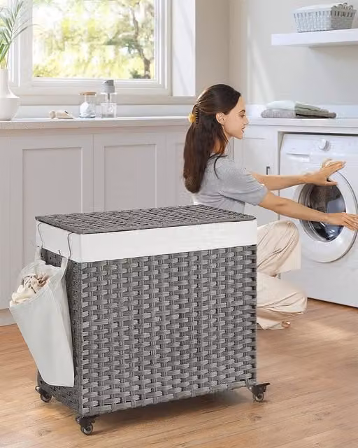 SONGMICS Woven Laundry Basket with Wheels, 3 Compartments and Removable Bag, Grey, H 66 x W 120 x D 42.1 cm