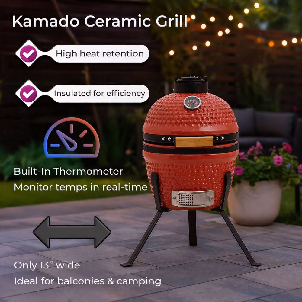 Neo Kamado 13 inch Ceramic Mini BBQ Grill and Portable Smoker Oven in Red with Cast Iron Details W/D/H: 33.0 x 33.0 x 33.0 cm – 4