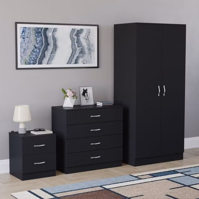 Vida Designs Riano 3 Piece Modern Black Bedroom Set including 2 Door Wardrobe, 4 Drawer Chest and 2 Drawer Bedside Chest