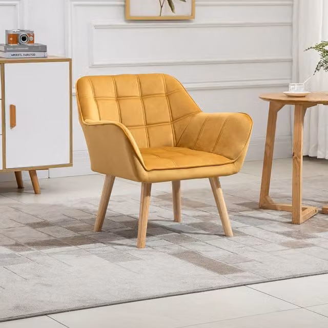HOMCOM Mid-Century Velvet Accent Chair with Armrests and Metal Frame in Yellow – 1