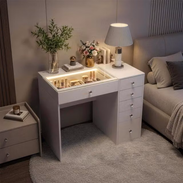 FENCHILIN 6-Drawer Vanity Dressing Table with LED Lights, White, W/D/H: 92 x 55 x 81 cm