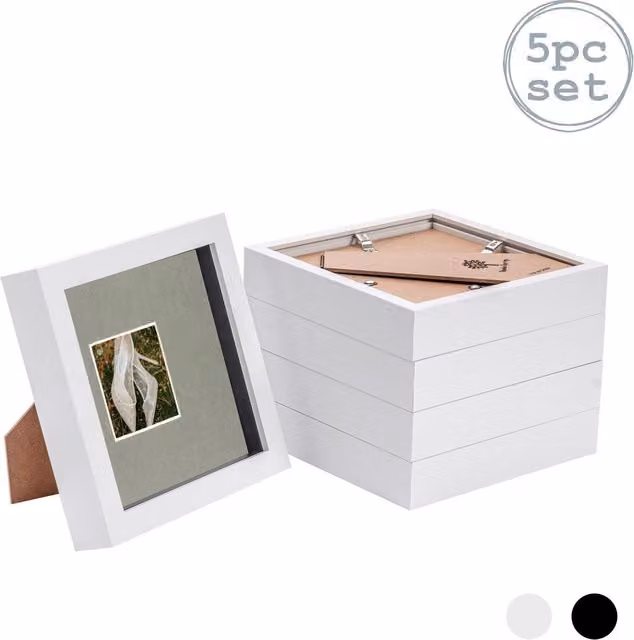 Nicola Spring Pack of 5 Square 3D Box Photo Frames in Grey and White with Glass and Plastic, W: 15.24 cm x H: 15.24 cm