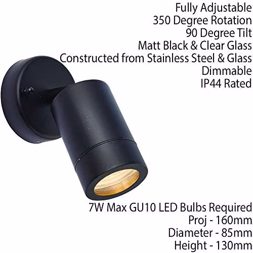 Loops IP44 Outdoor Adjustable Spotlight in Matt Black with Transparent Glass, Dimmable GU10 Accent Downlight – 2