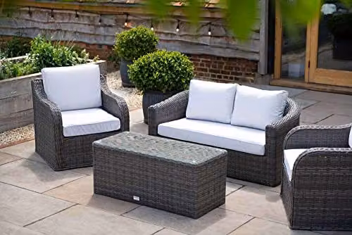 Primrose Living Classic Rattan 4 Seater Garden Furniture Set with 3 Seater Sofa, Lounge Armchair, Coffee Table and Cushions in Grey and Beige