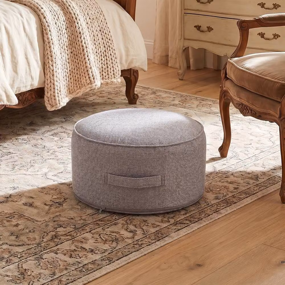 KORVIXA Grey Round Linen Bean Bag Pouf Ottoman Footstool, Diameter: 100 cm – 4