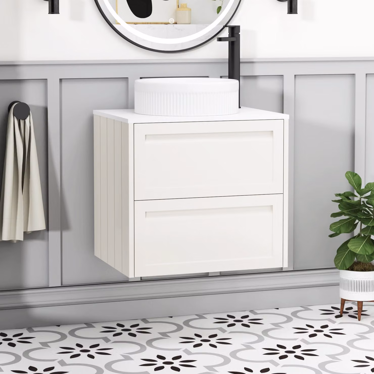 Royal Bathrooms Elmore 600mm Classic White Wall Hung Vanity Unit with 2 Drawers and Round Basin