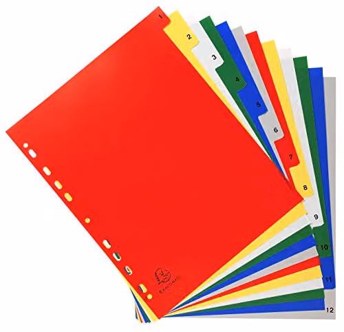 Exacompta PP Printed Indices for A4+ Documents, 12 Pre-Punched Polypropylene Divider Parts (1-12), White with Multicolour Tabs – 2
