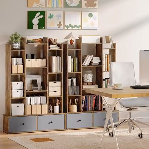 HOMCOM Modern Geometric Tree Bookshelf in Brown with 12 Media Compartments and 2 Drawers, H: 124 cm, W: 80 cm, D: 24 cm – 7