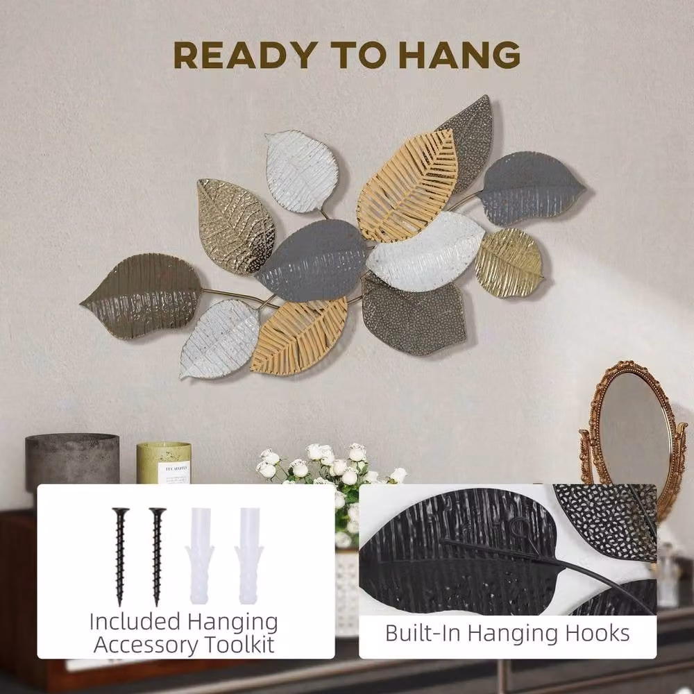 NESTLUNE Modern Metal Floral Wall Art with Botanical Leaf Design in Gold, White and Multicolour, W: 100 cm, H: 15 cm, D: 15 cm – 3