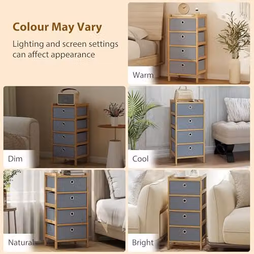 HOMCOM Chest of Drawers with Bamboo Frame and 4 Grey Fabric Drawers – 4