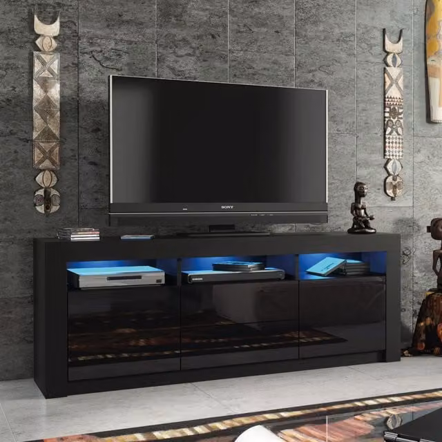 Creative Furniture Shine TV Unit in Black with Glossy Doors and LED Lights, W: 160 cm, H: 60 cm, D: 35 cm