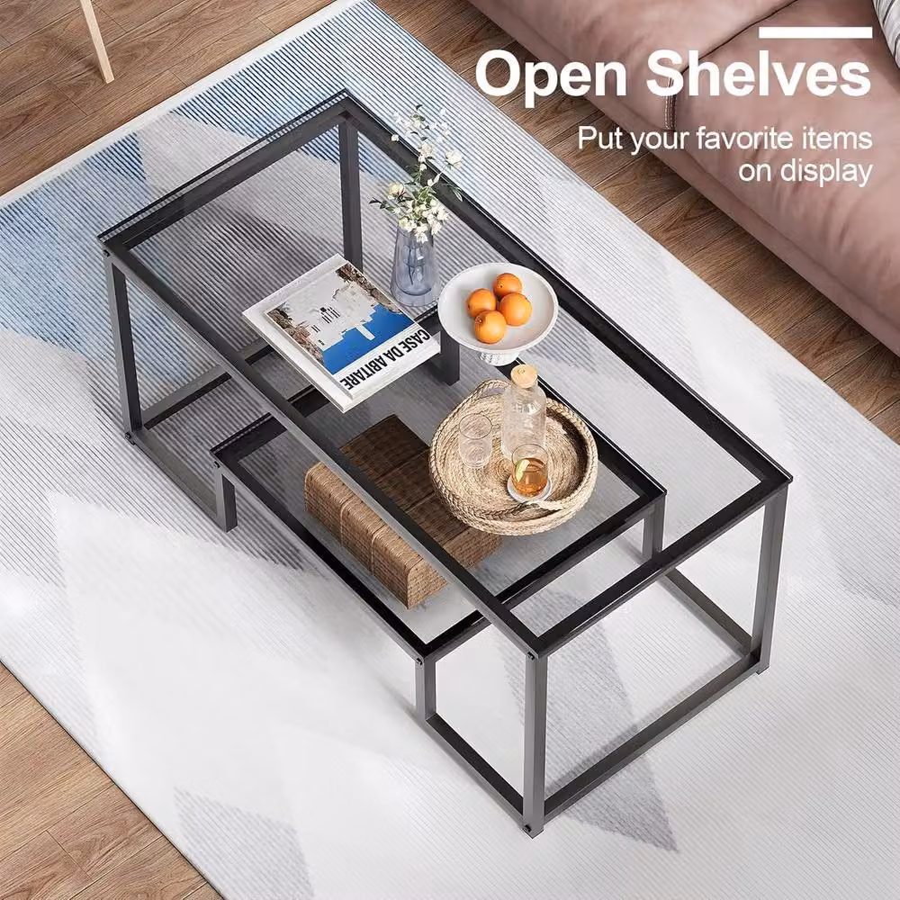 Huhote Modern Rectangular Coffee Table with Grey Glossy Glass Top, W/D/H: 100 x 47.75 x 44.96 cm – 6