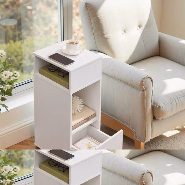SONGMICS HOME Set of 2 Slim Bedside Tables with Drawer, White
