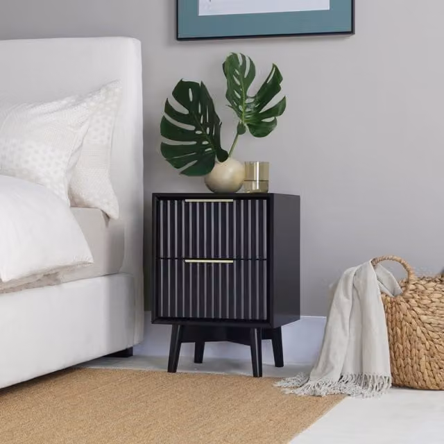 Monza 2 Drawer Bedside Table with Fluted Front in Black and Grey