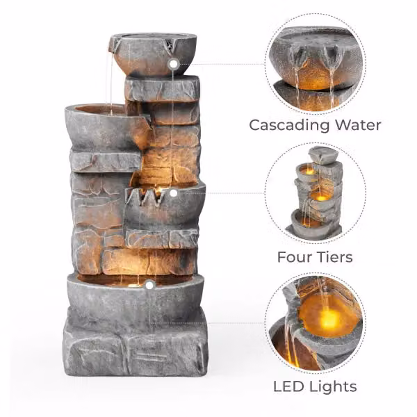 Teamson Home Grey Outdoor Cascade Water Fountain with LED Lights, H 84.5 cm x W 38.7 cm x D 38.7 cm – 3